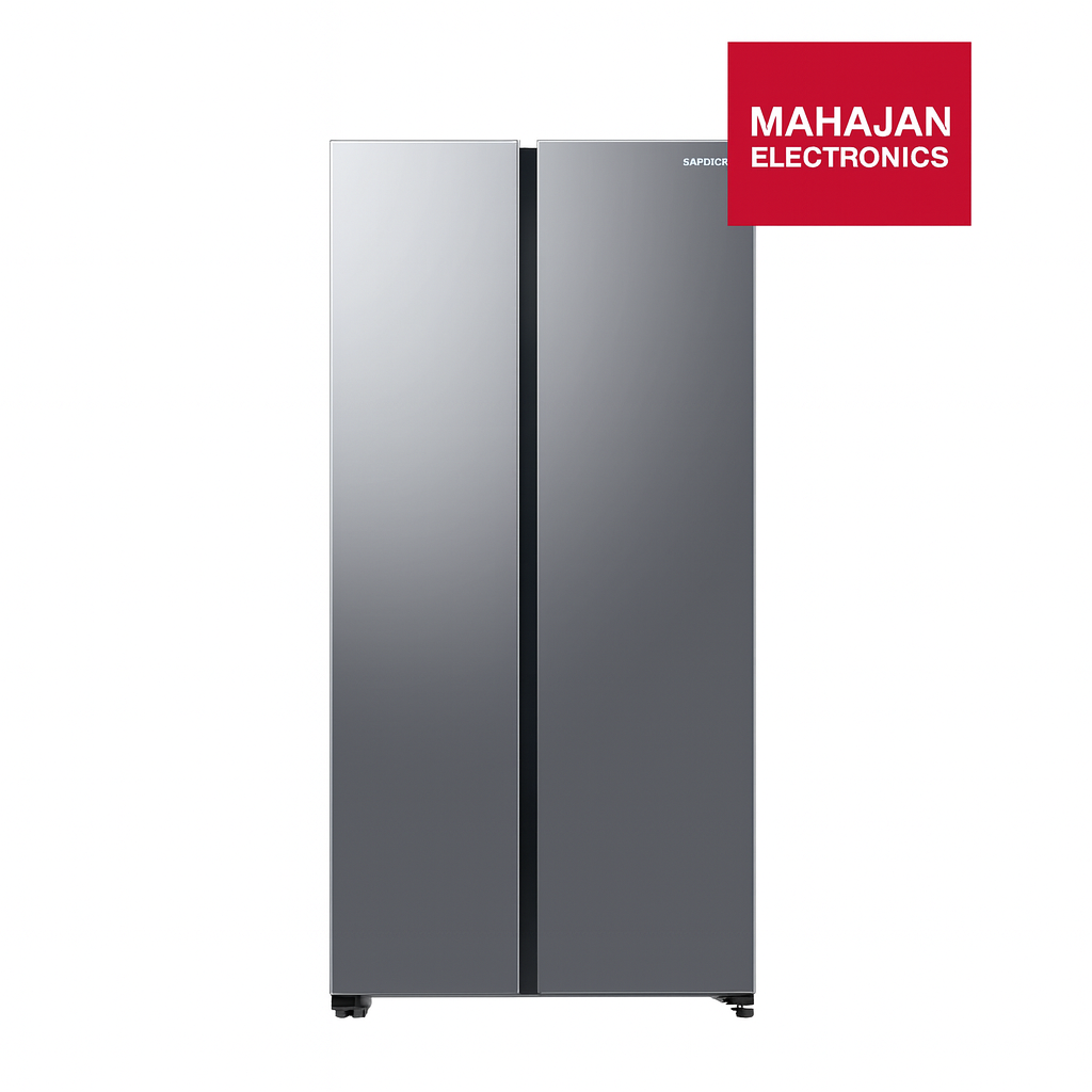 Side-by-side refrigerator with Mahajan Electronics logo on a white background
