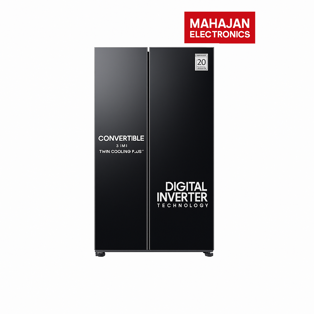 Black refrigerator with 'Mahajan Electronics' branding on a white background