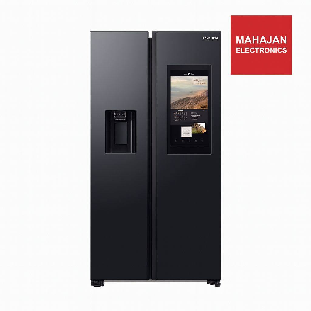 Black Samsung refrigerator with digital display on a white background, featuring the Mahajan Electronics logo.