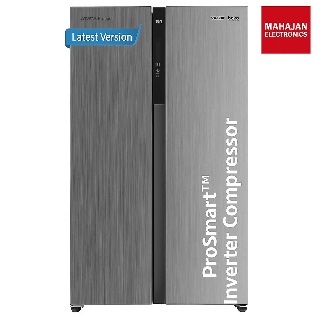 Gray refrigerator with 'ProSmart Inverter Compressor' text and Mahajan Electronics branding.