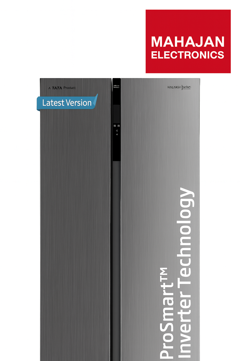 Side-by-side refrigerator with Mahajan Electronics branding on a white background