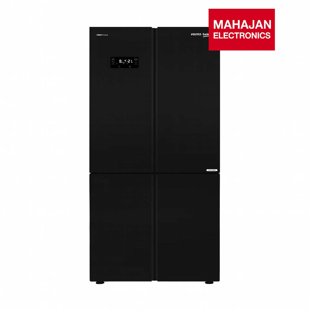 Black refrigerator with Mahajan Electronics logo on a white background