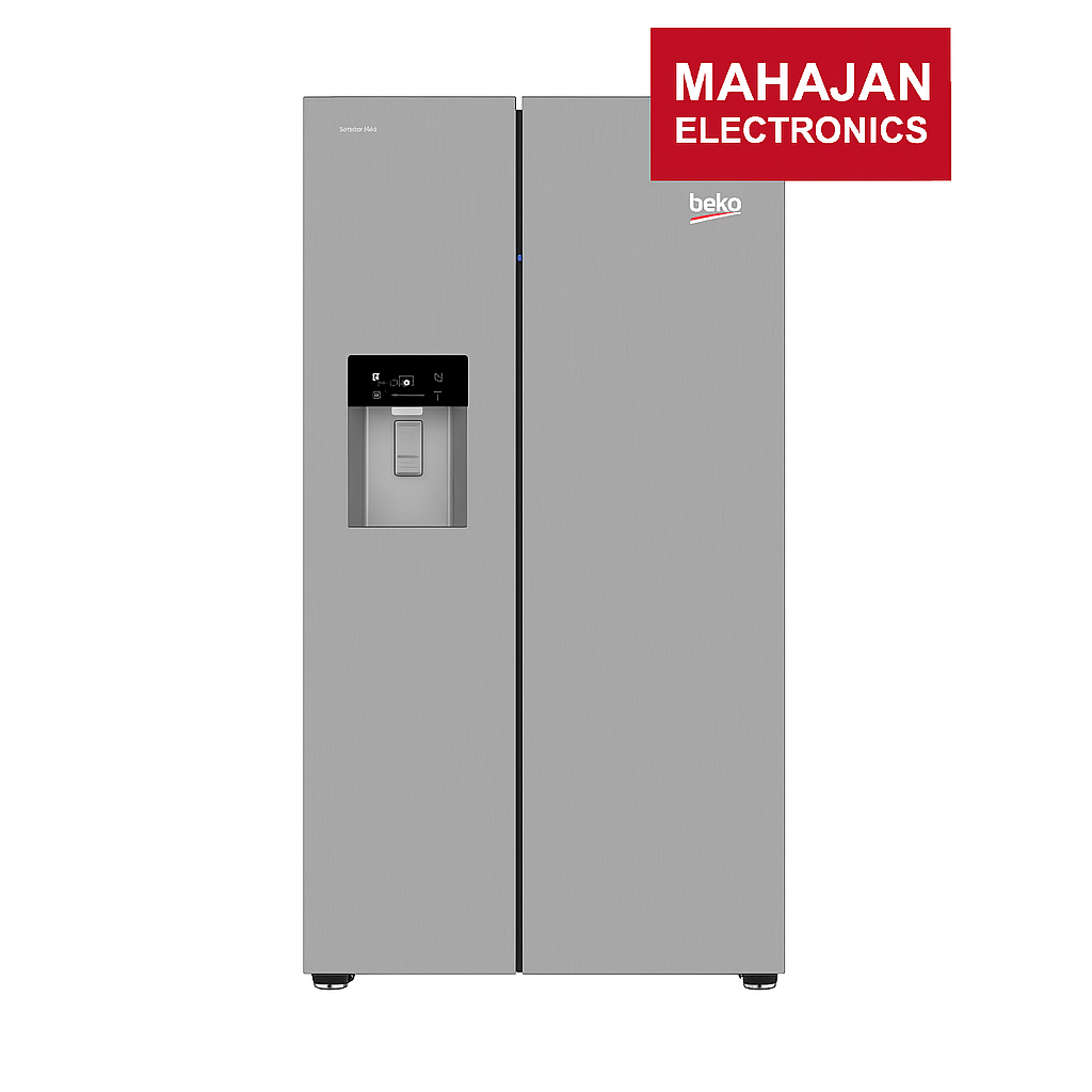 Side-by-side refrigerator with Beko logo on a white background, featuring Mahajan Electronics branding.
