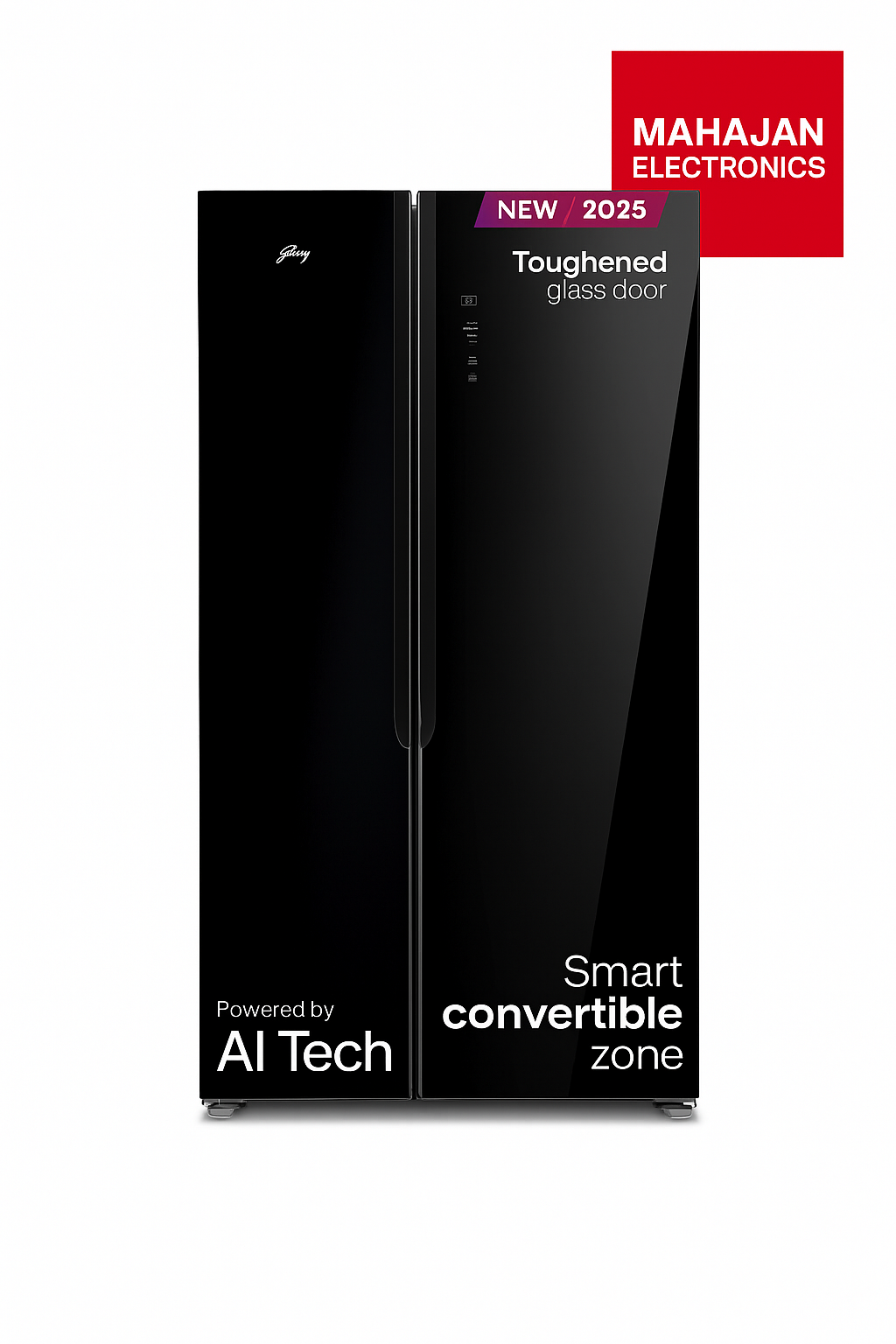 Black refrigerator with 'Mahajan Electronics' branding and product features on a white background