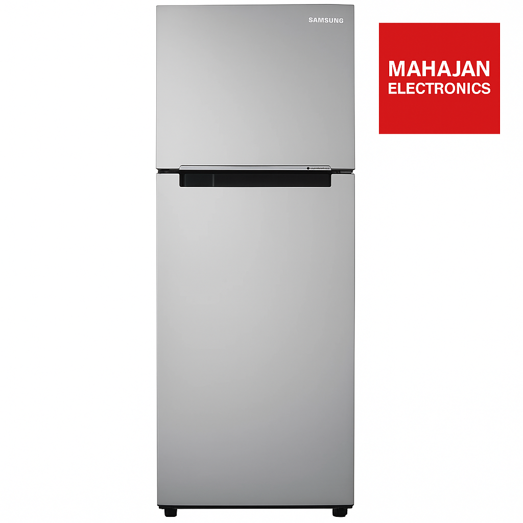 Samsung refrigerator with Mahajan Electronics logo on a white background