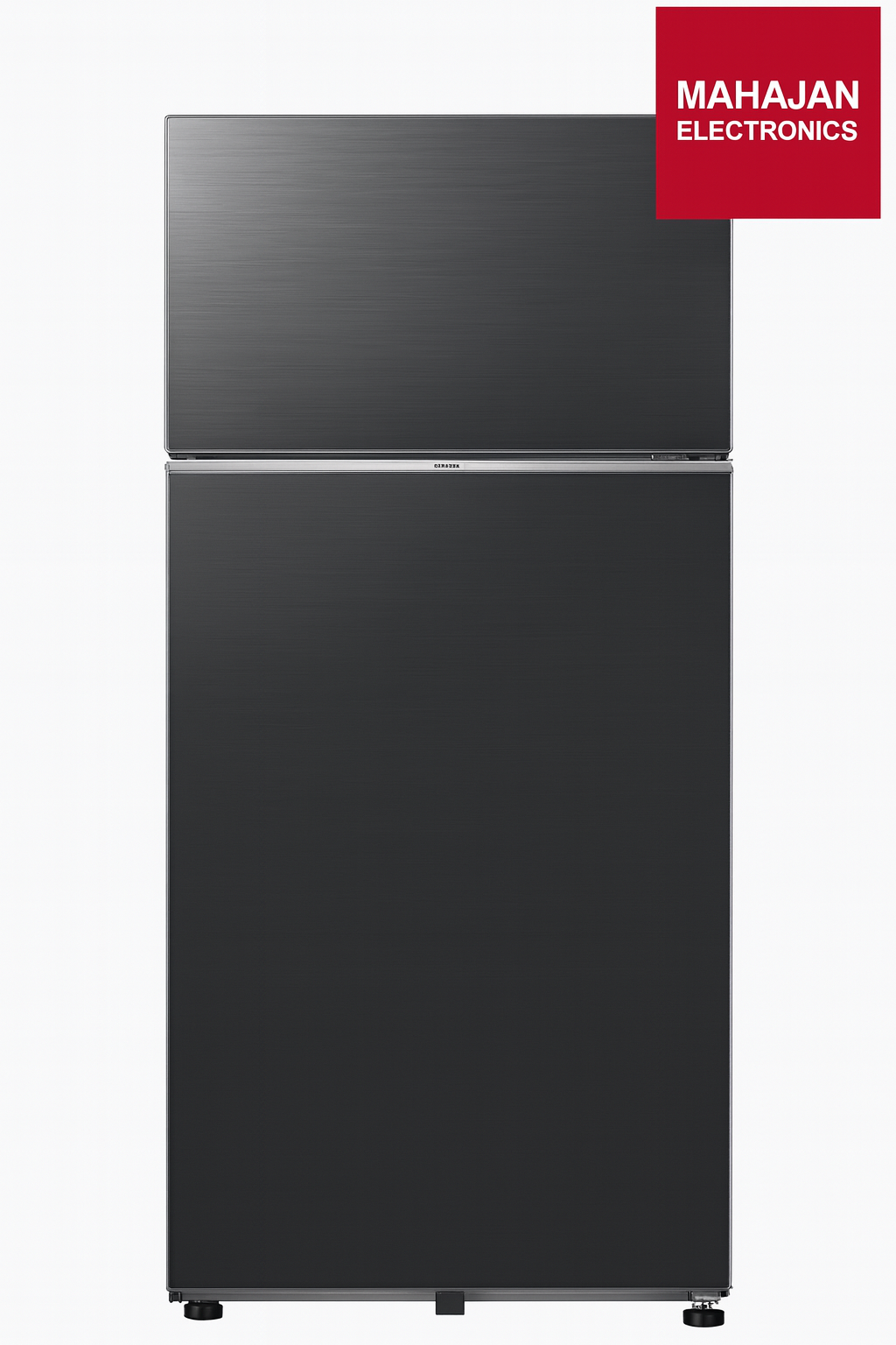 Black refrigerator with Mahajan Electronics logo on a white background