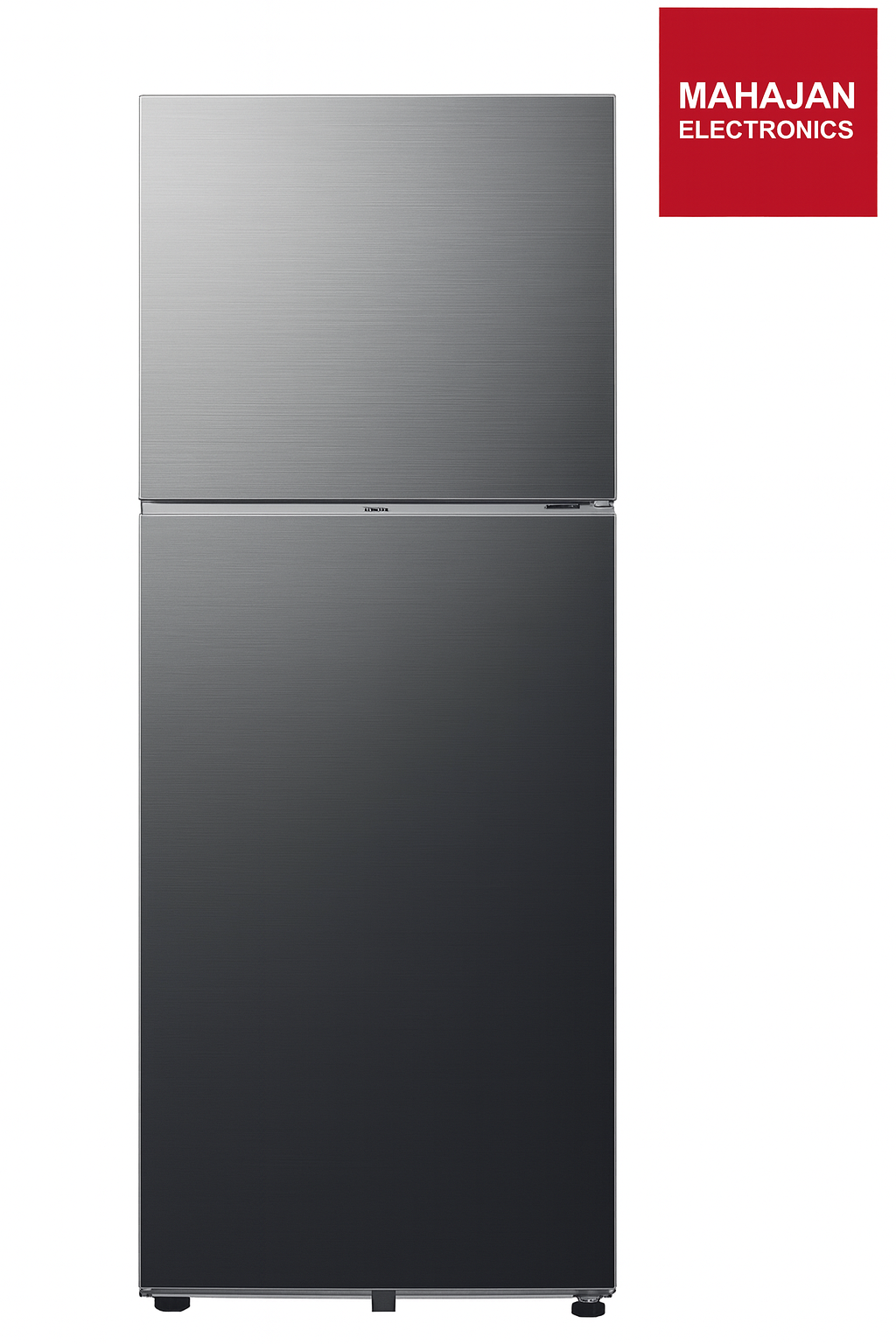 Stainless steel refrigerator with Mahajan Electronics logo on a white background