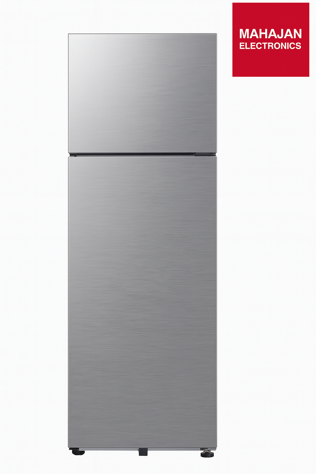 Silver refrigerator with Mahajan Electronics logo on a white background