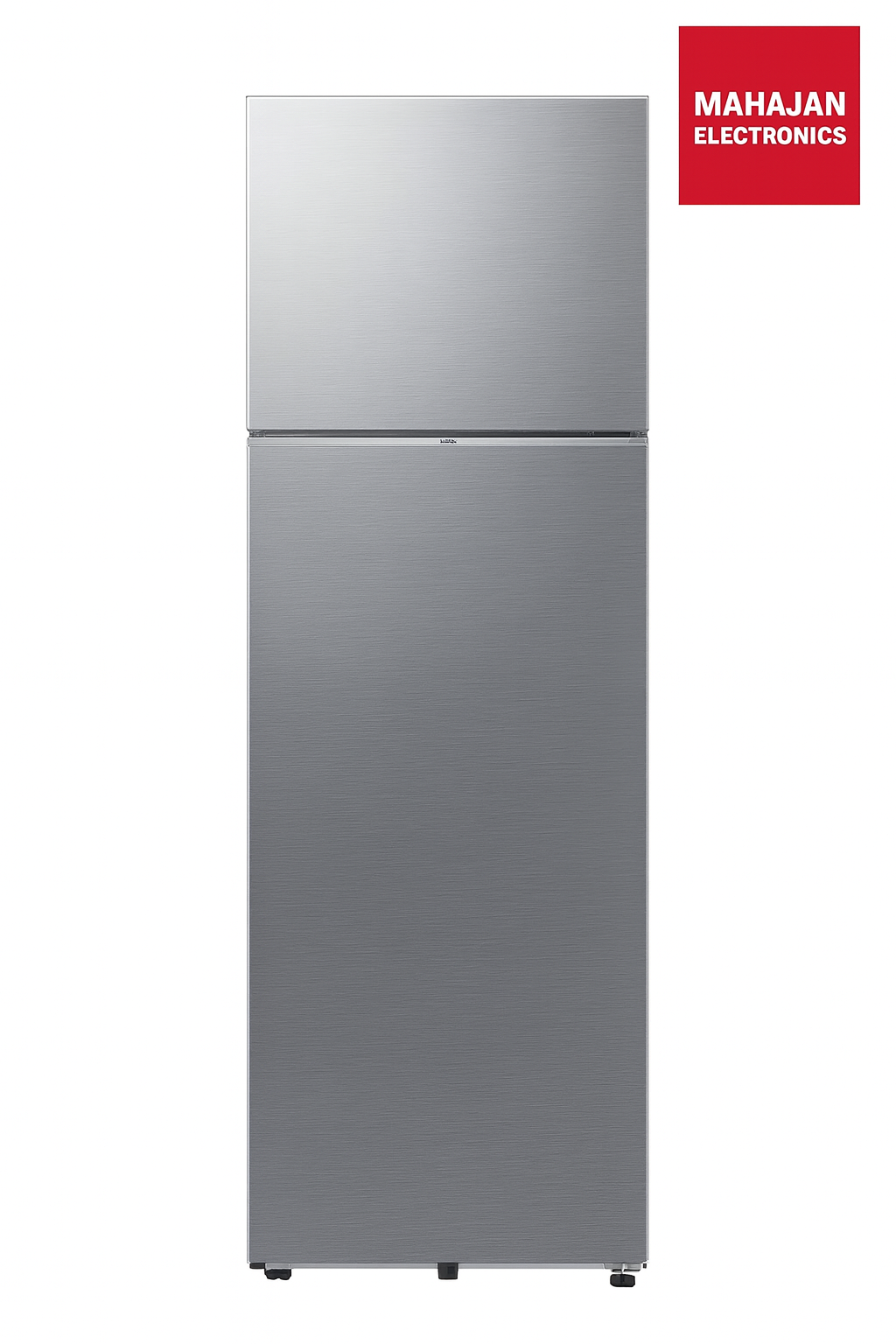 Stainless steel refrigerator with Mahajan Electronics logo on a white background
