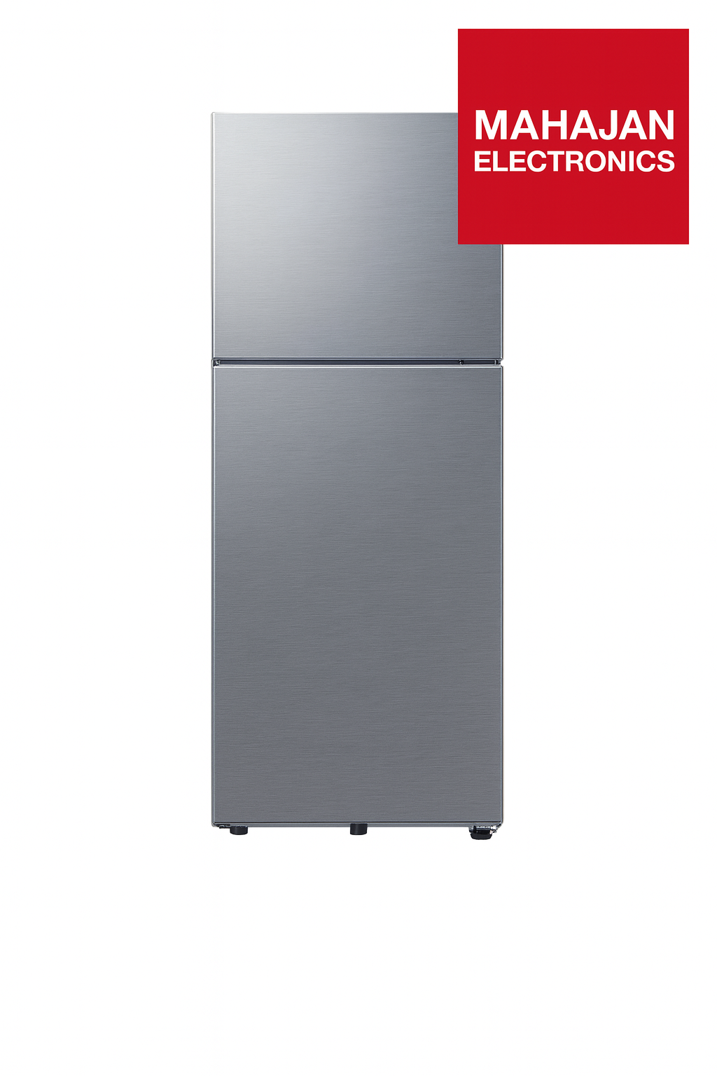 Silver refrigerator with Mahajan Electronics logo on a white background