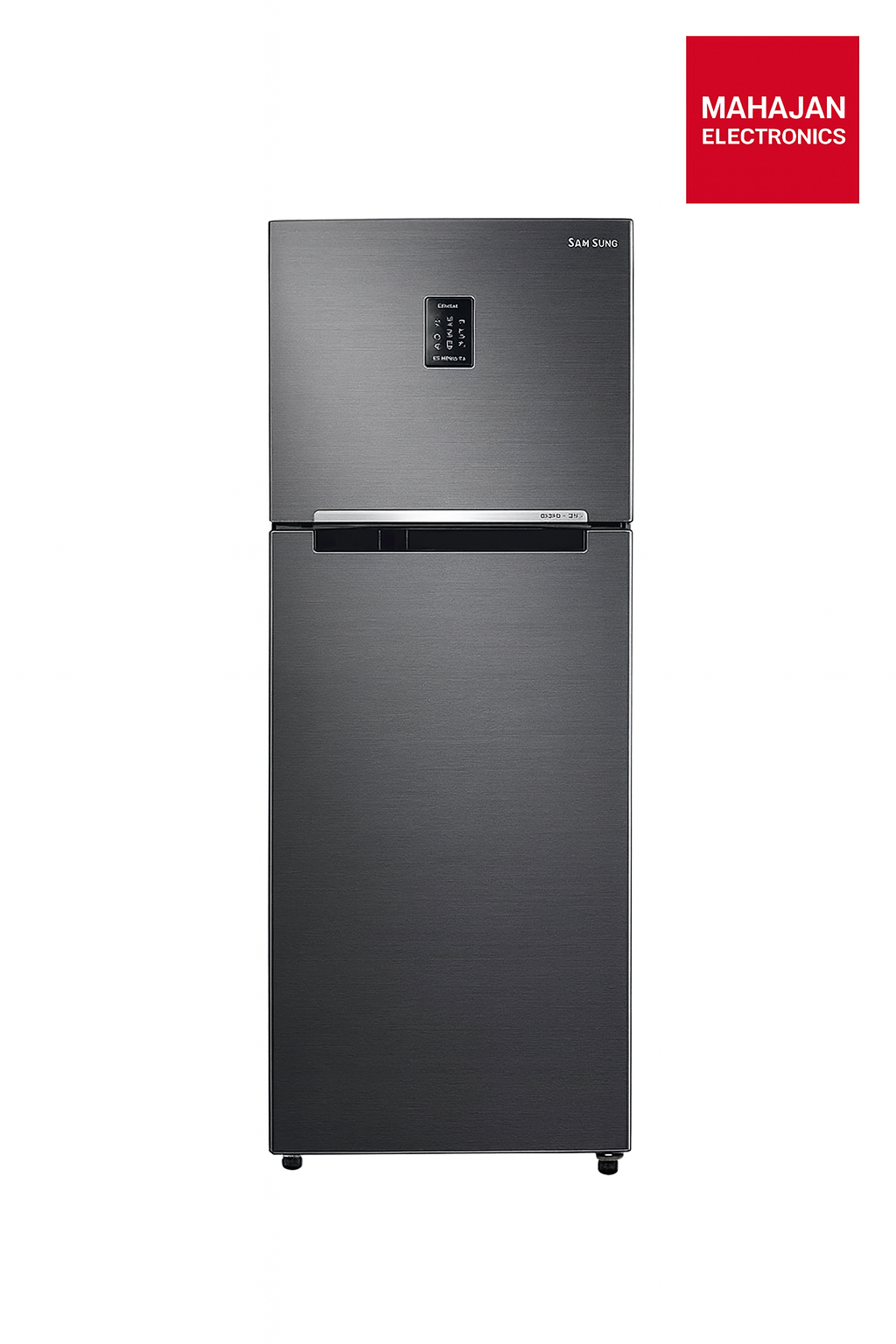 Black refrigerator with Mahajan Electronics logo on a white background