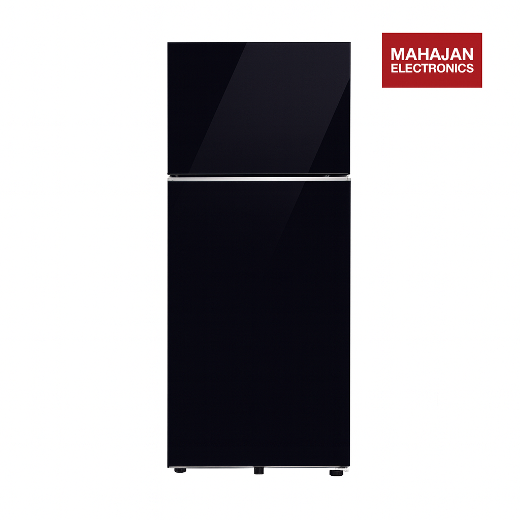 Black refrigerator with Mahajan Electronics logo on a white background
