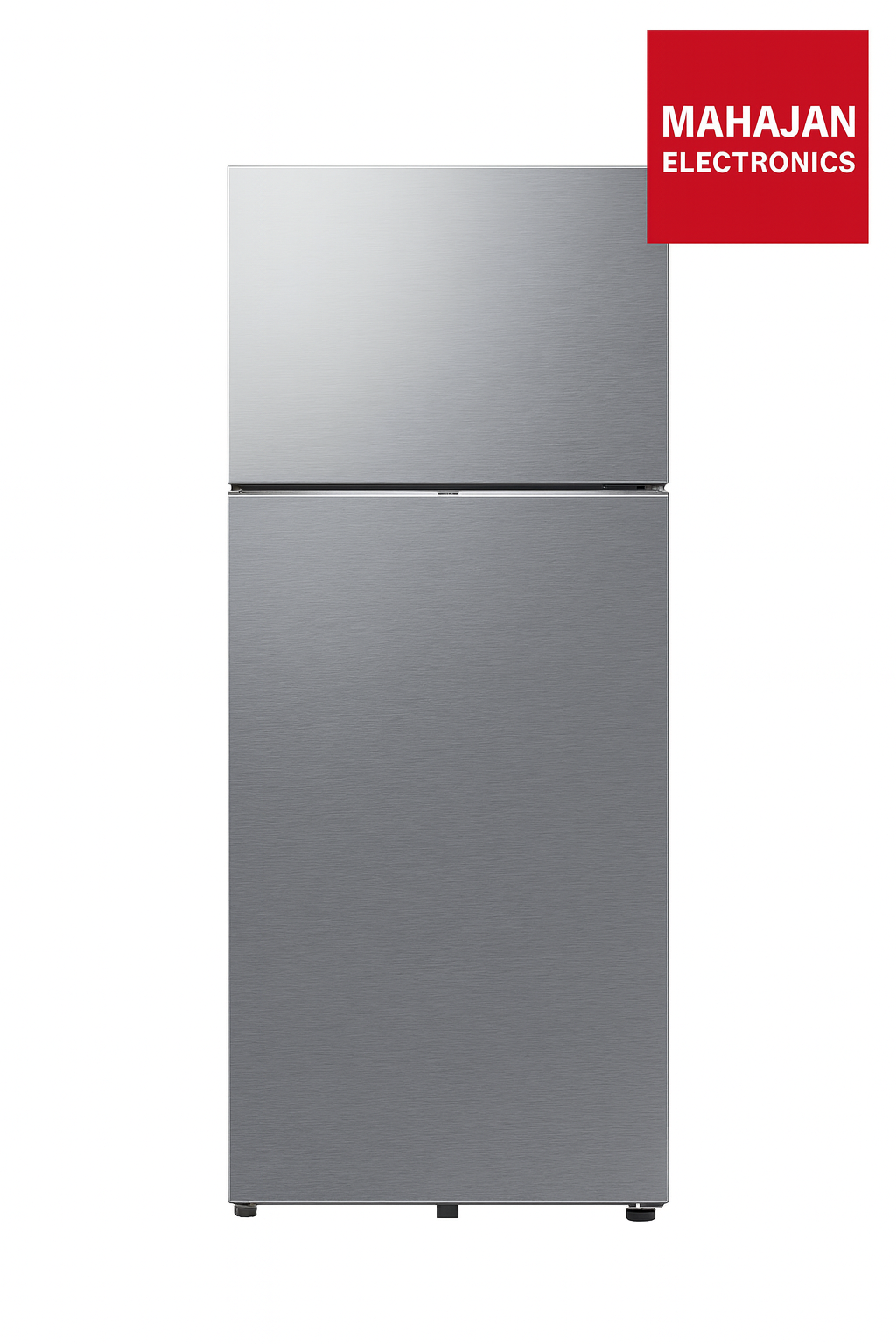 Silver refrigerator with Mahajan Electronics logo on a white background