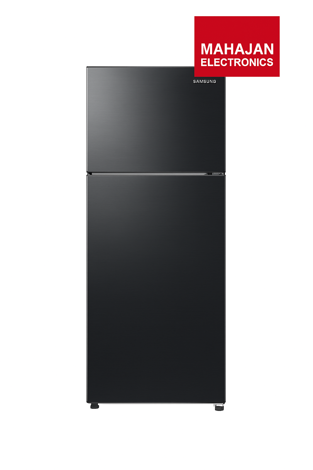 Black refrigerator with Mahajan Electronics logo on a white background