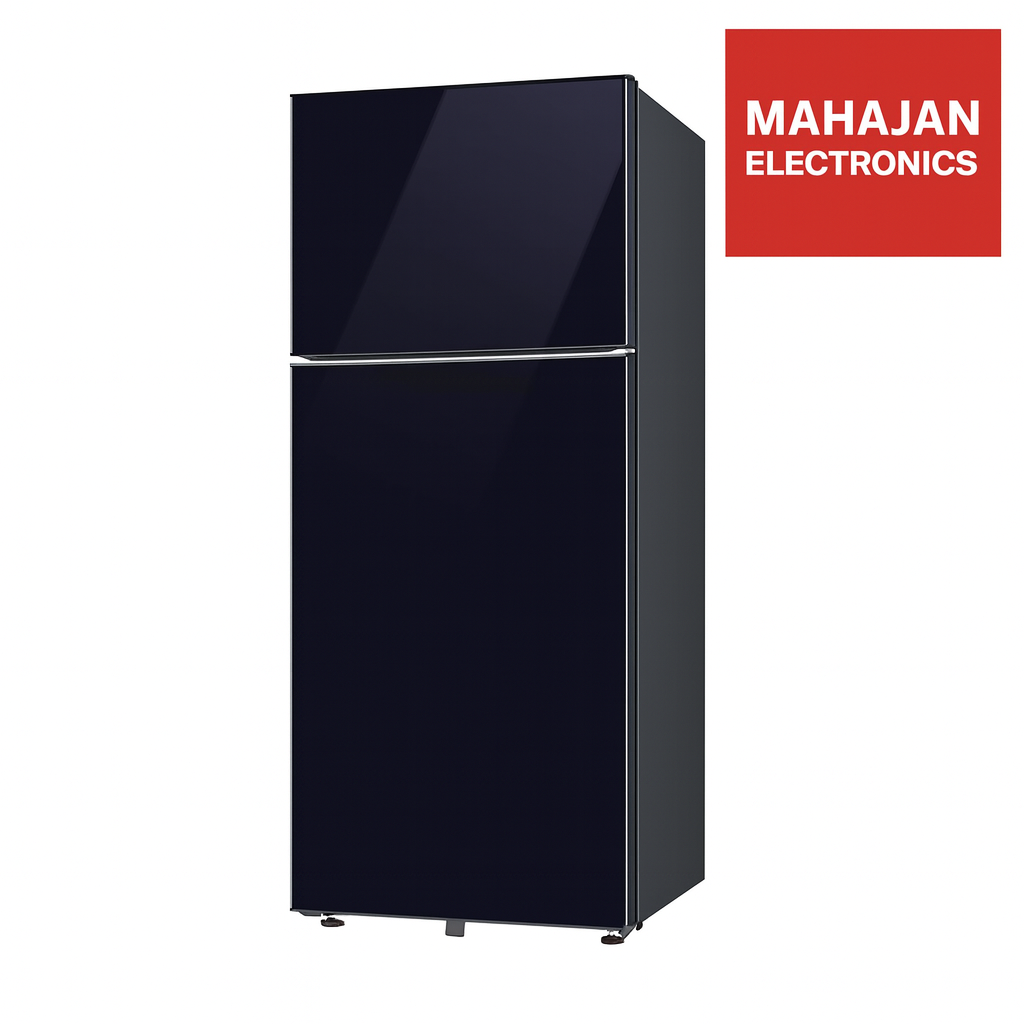 Black refrigerator with Mahajan Electronics logo on a white background