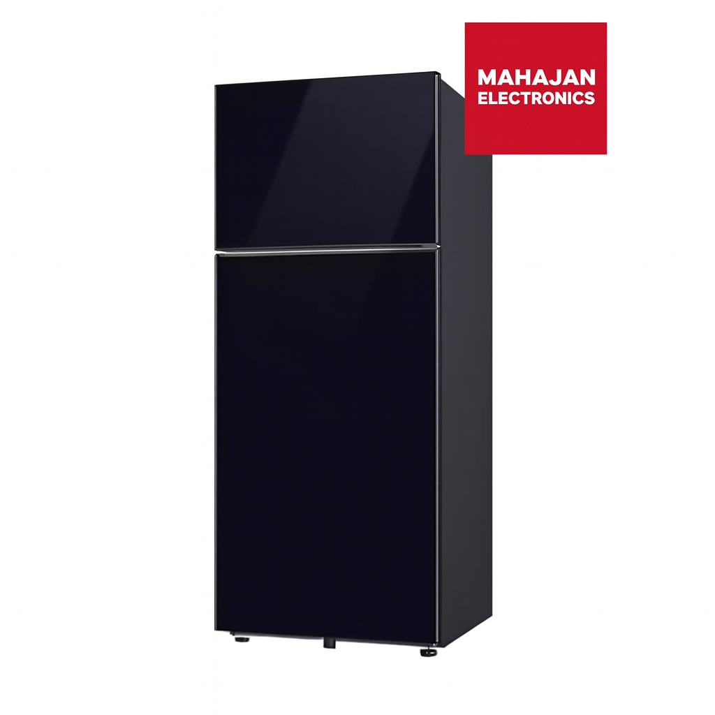 Black refrigerator with Mahajan Electronics logo on a white background