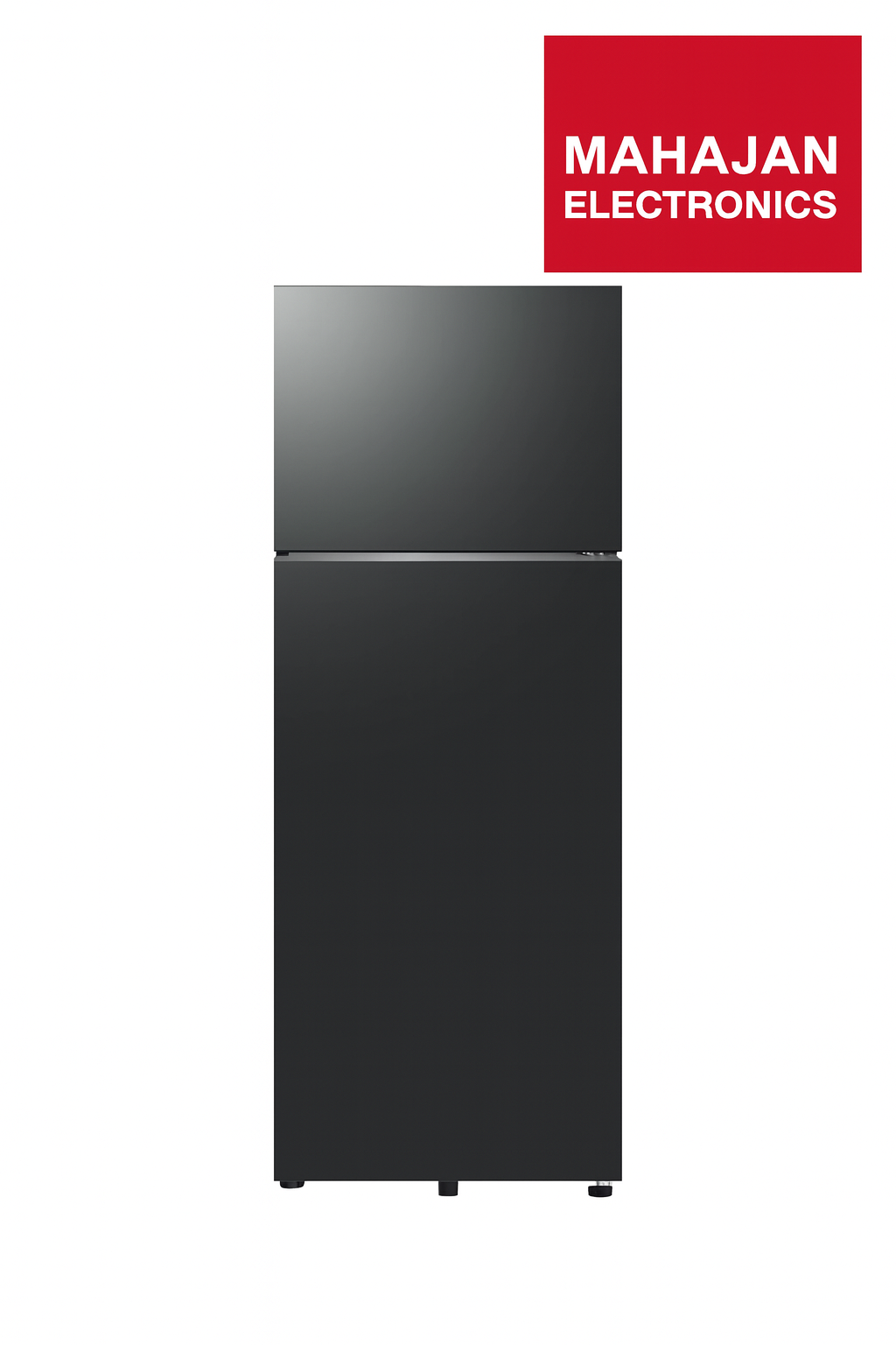 Black refrigerator with Mahajan Electronics logo on a white background