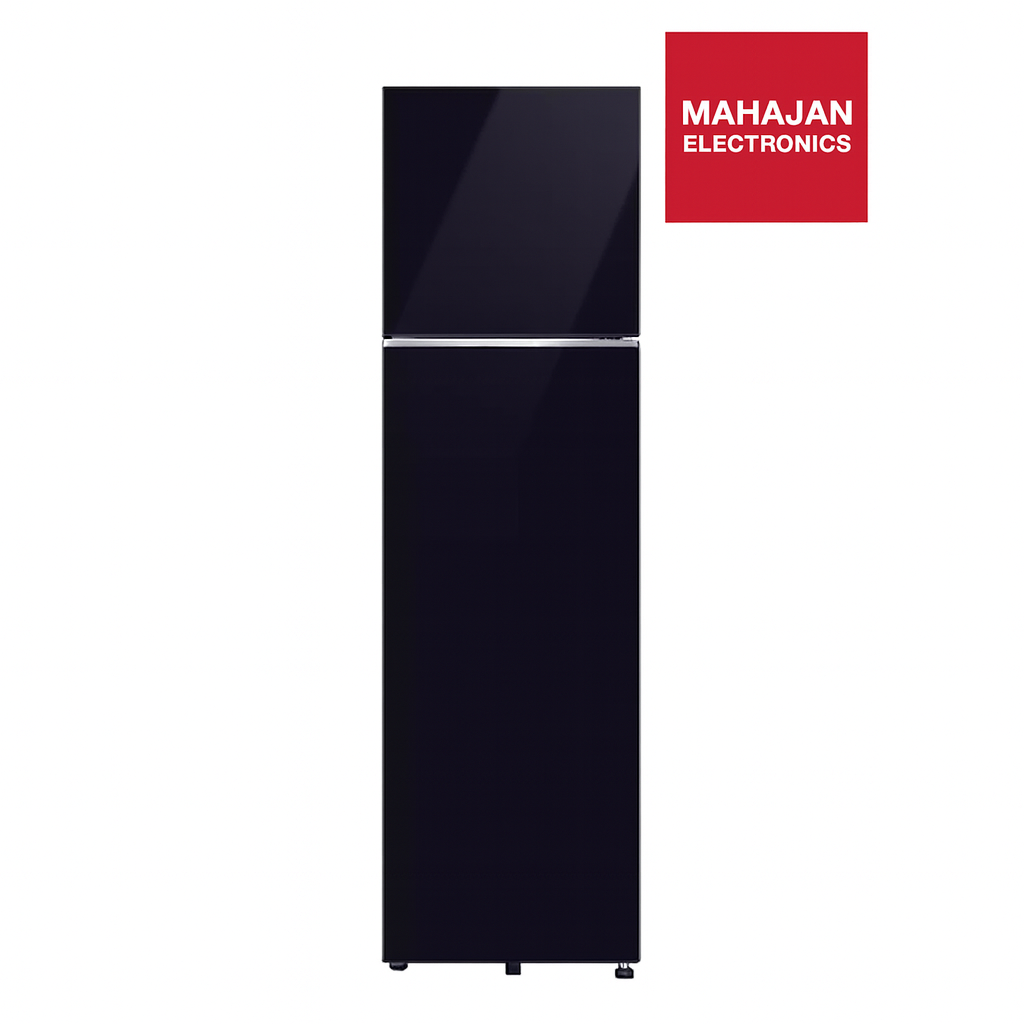 Black refrigerator with Mahajan Electronics logo on a white background