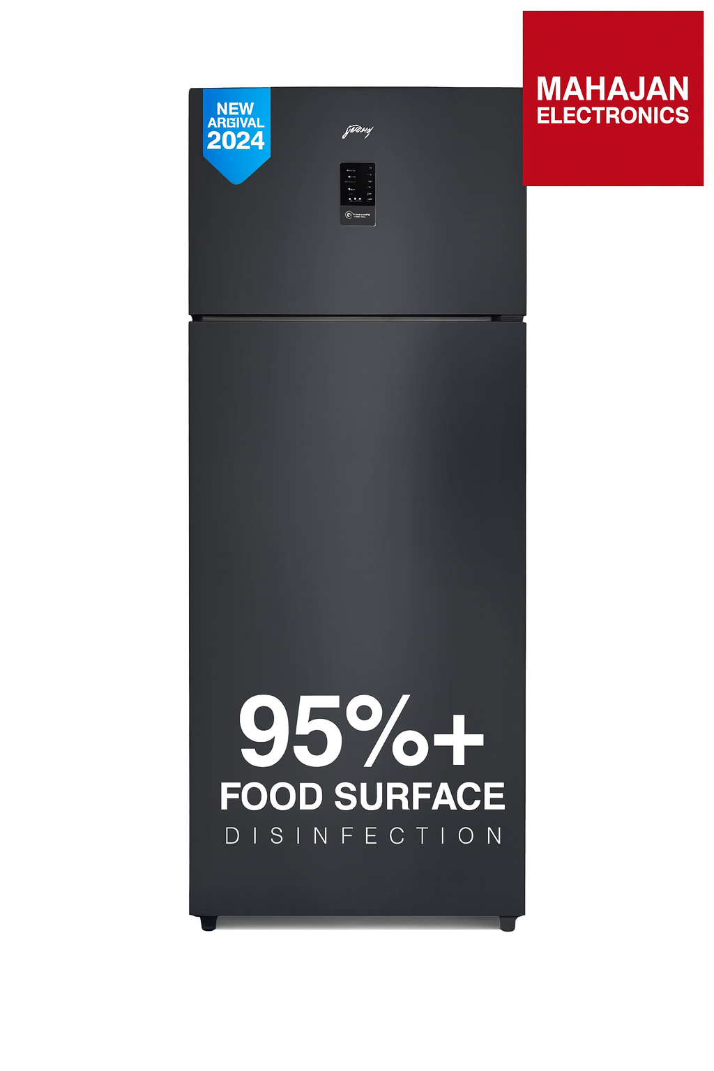 Black refrigerator with disinfection feature label and Mahajan Electronics logo on a white background