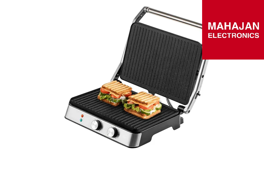 Sandwich maker with two sandwiches on a white background, featuring the Mahajan Electronics brand.