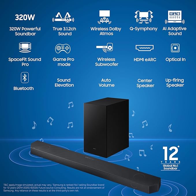 Samsung HW-Q600H/XL, Titan Black 320 W True 3.1.2ch Soundbar with Dolby Audio | Q-Symphony | Center, Up-Firing Speakers | HDMI eARC | Optical in | Bluetooth 5.3 | Wireless Subwoofer-Online Mahajan Electronics