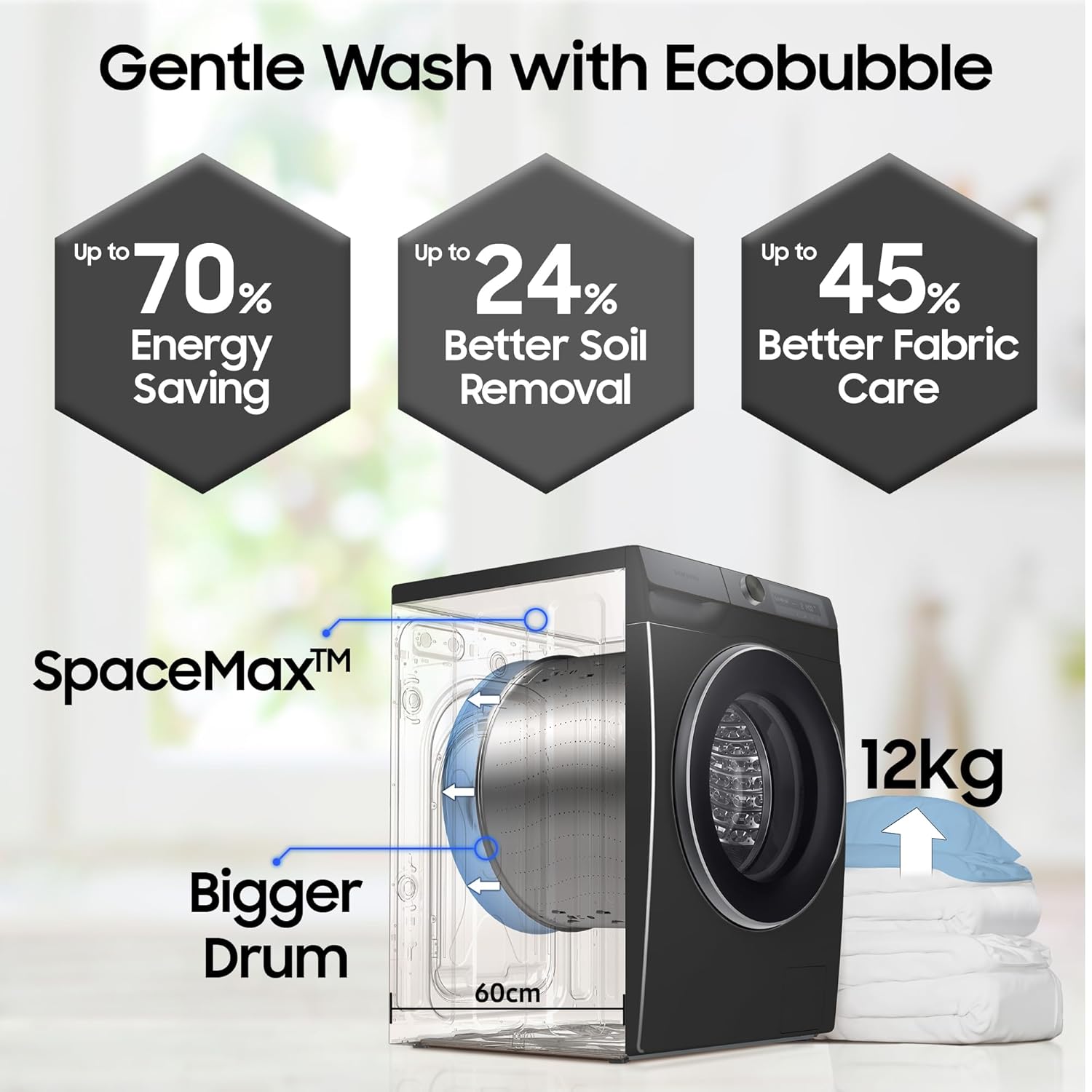 Samsung WW12DB7B24GBTL, Black 12 kg, 5 Star, AI Control, Super Speed, Wi-Fi, Hygiene Steam with Inbuilt Heater, Digital Inverter, Fully-Automatic Front Load Washing Machine. Mahajan Electronics Online