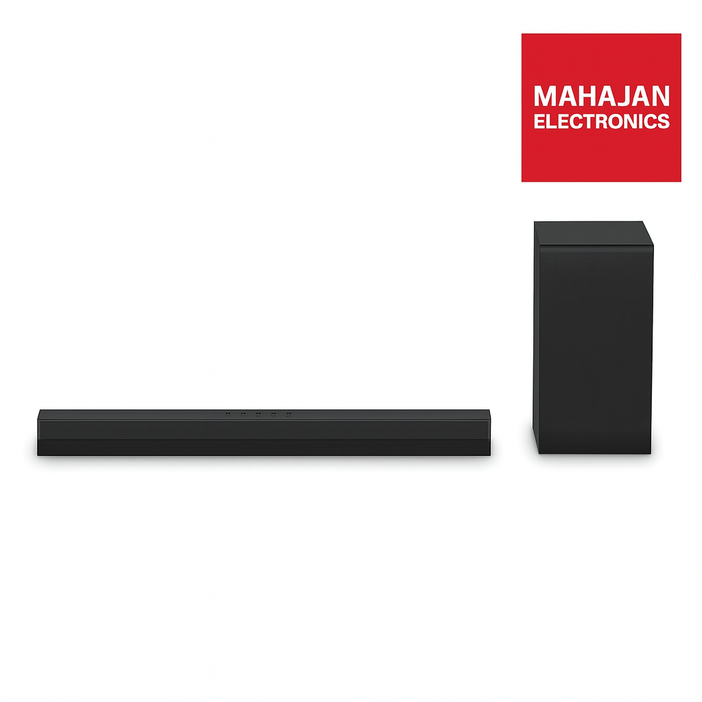 Black soundbar and subwoofer with Mahajan Electronics logo on a white background