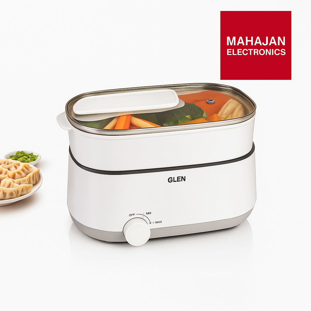 Electric food warmer with food inside, brand 'Glen' visible, on a white background with 'Mahajan Electronics' logo.