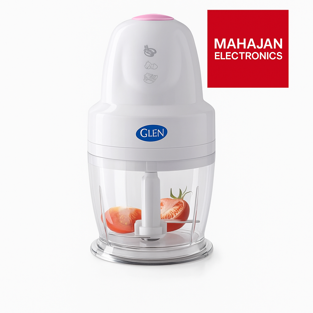 Glen blender with tomatoes inside on a white background, featuring Mahajan Electronics logo.