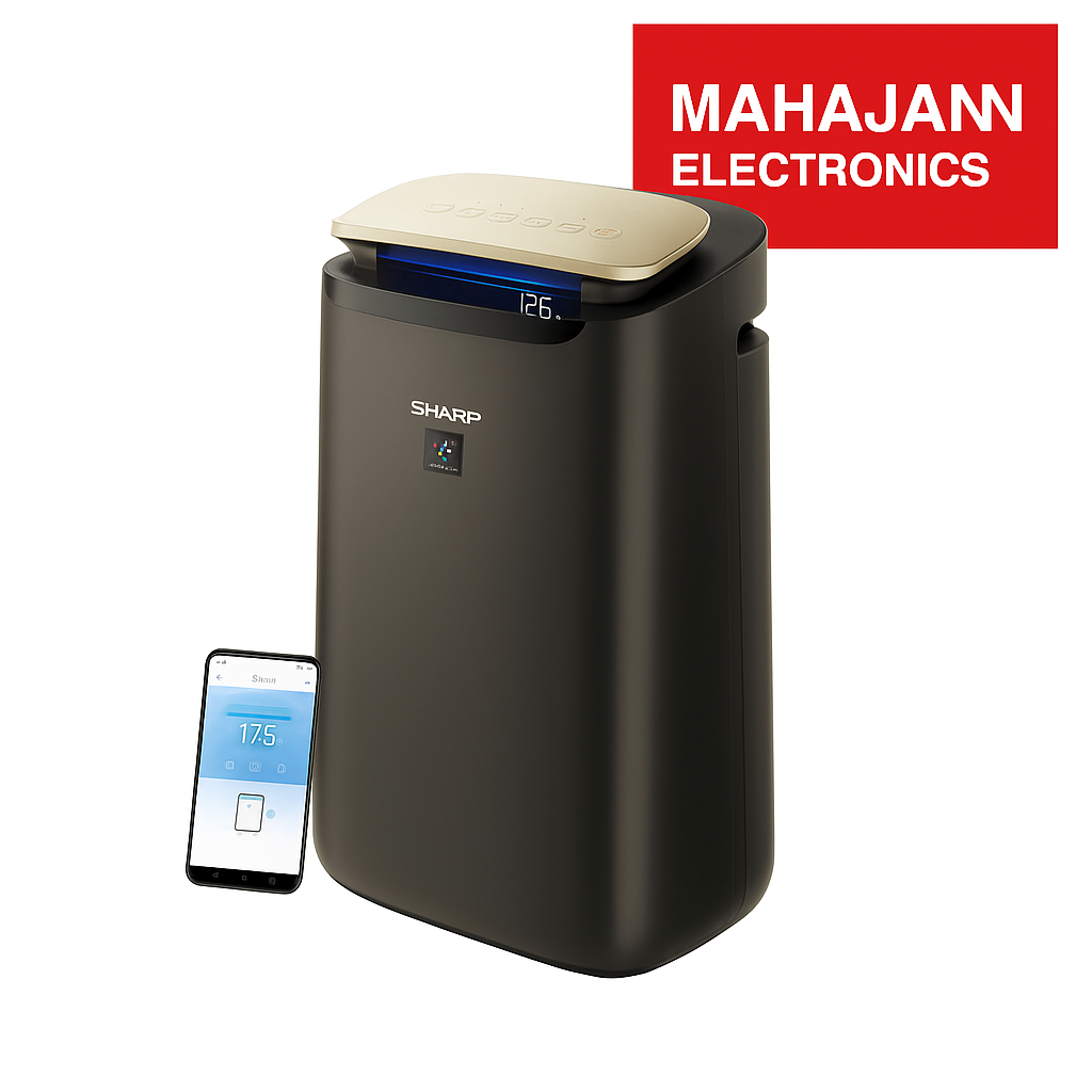 Sharp air purifier with smartphone app on a white background, featuring Mahajann Electronics logo.