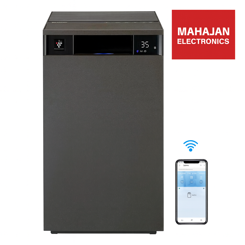 Black electronic device with digital display and smartphone app icon, branded 'Mahajan Electronics'.