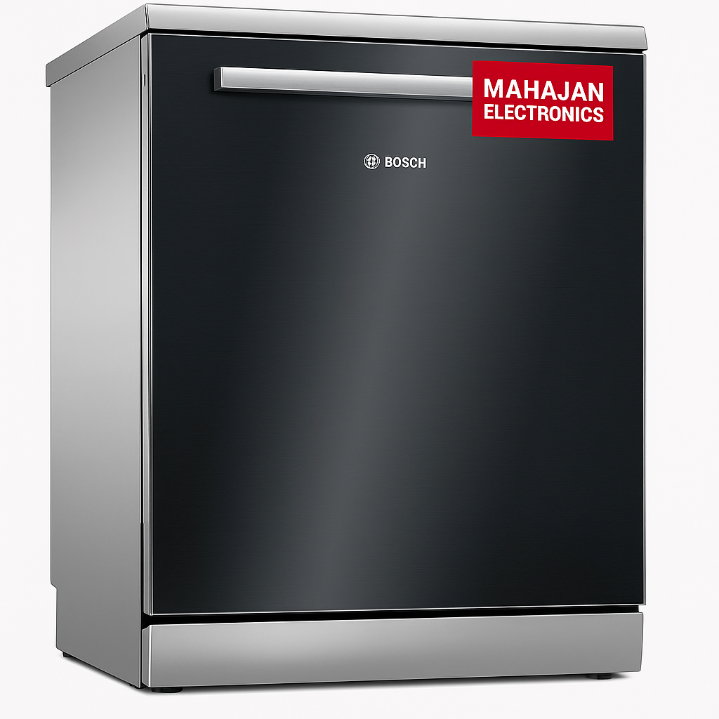 Black dishwasher with Bosch logo and Mahajan Electronics branding on a white background