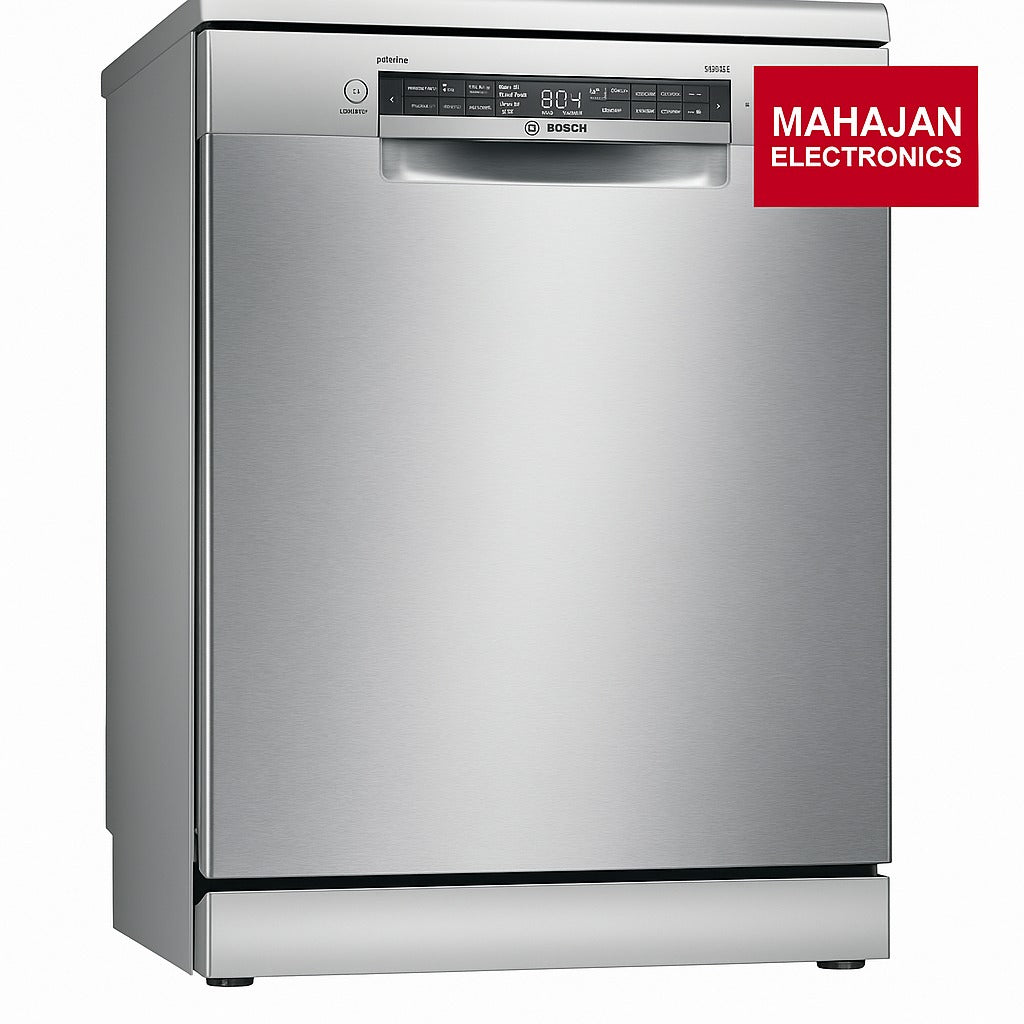 Stainless steel Bosch dishwasher with Mahajan Electronics logo on a white background
