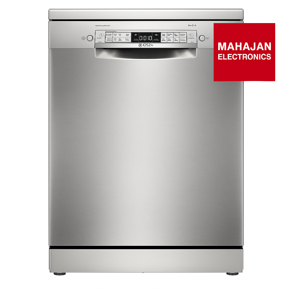 Stainless steel dishwasher with Mahajan Electronics logo on a white background