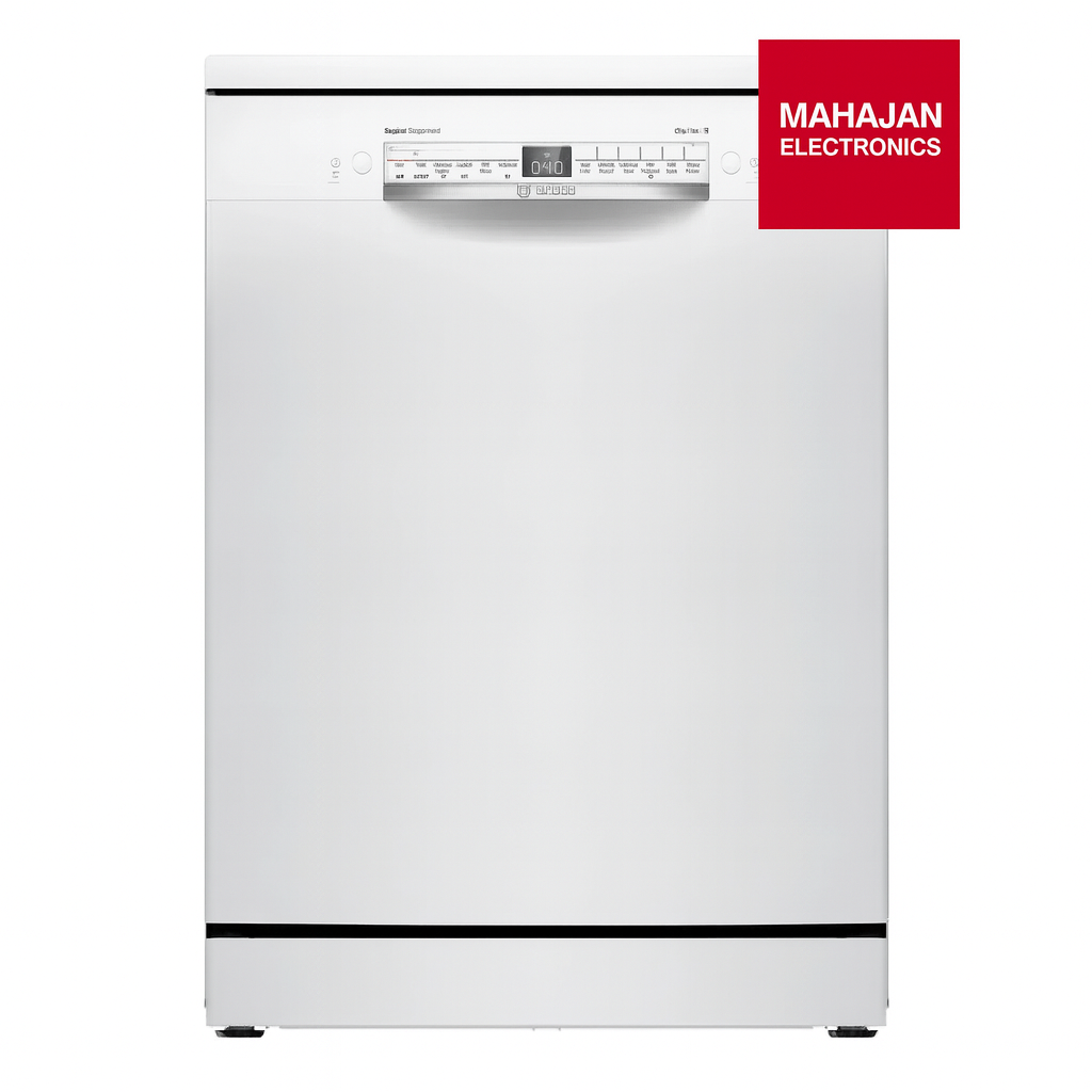 White dishwasher with Mahajan Electronics logo on a white background