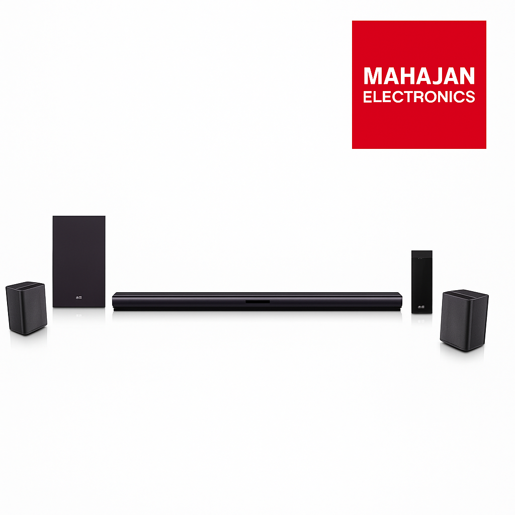 Black home theater speaker system with MAHAJAN ELECTRONICS logo on a white background