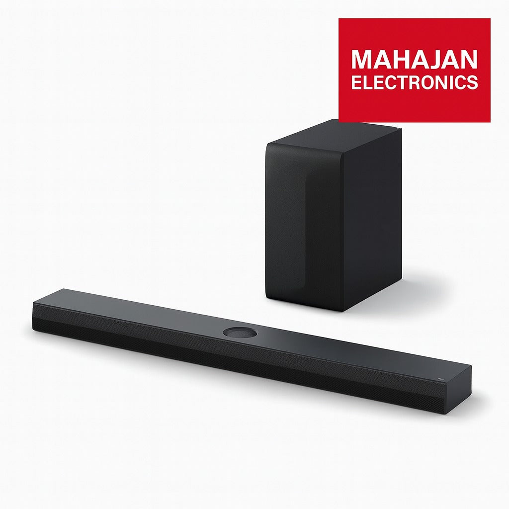Black soundbar and subwoofer with Mahajan Electronics logo on a white background