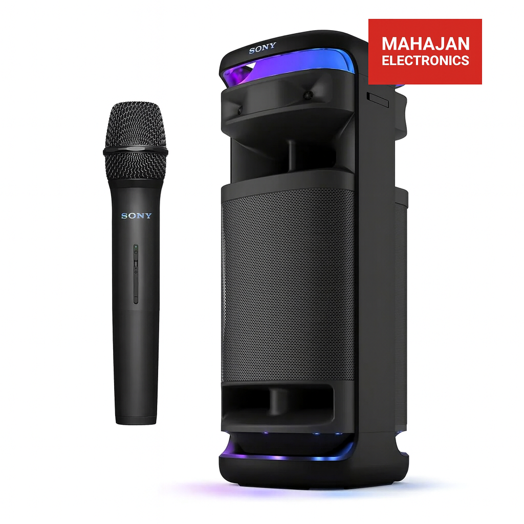 Sony microphone and speaker with MAHAJAN ELECTRONICS branding on a white background