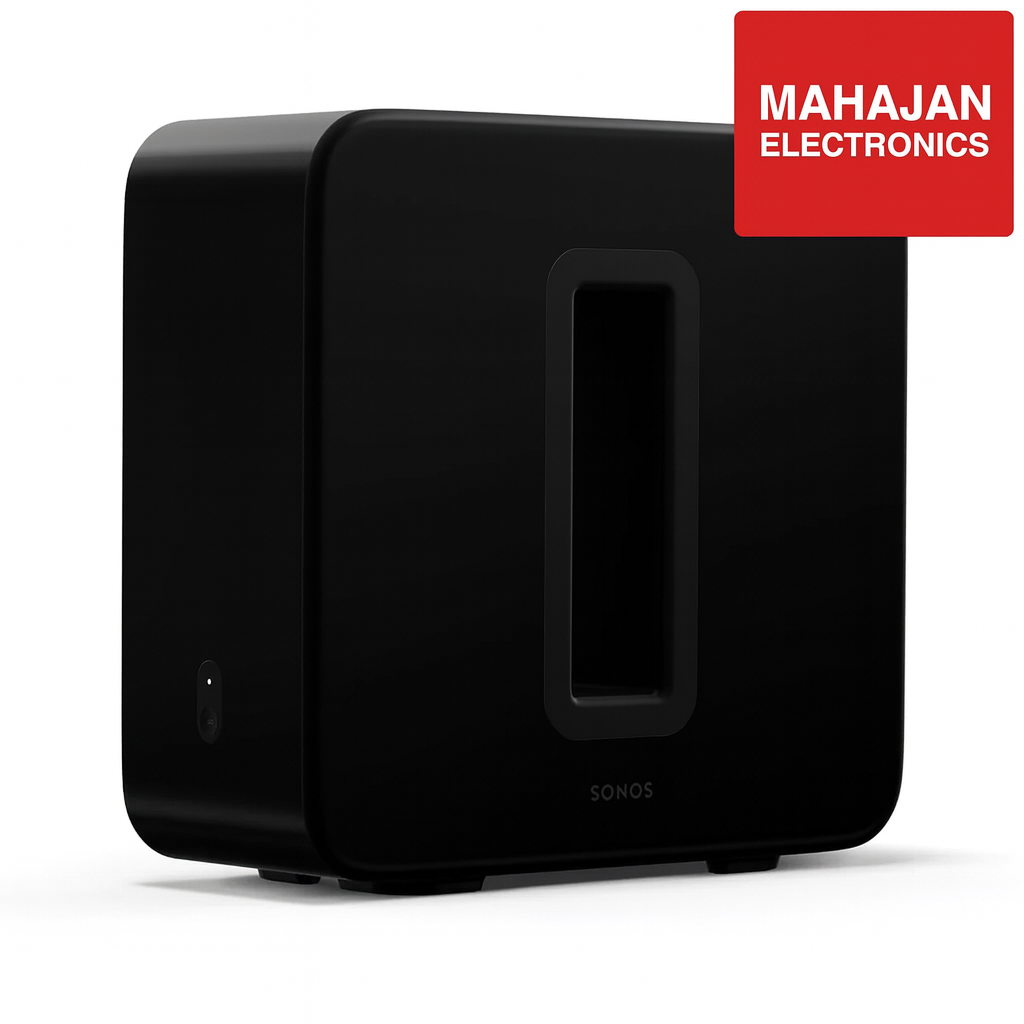 Black Sonos speaker with Mahajan Electronics logo on a white background