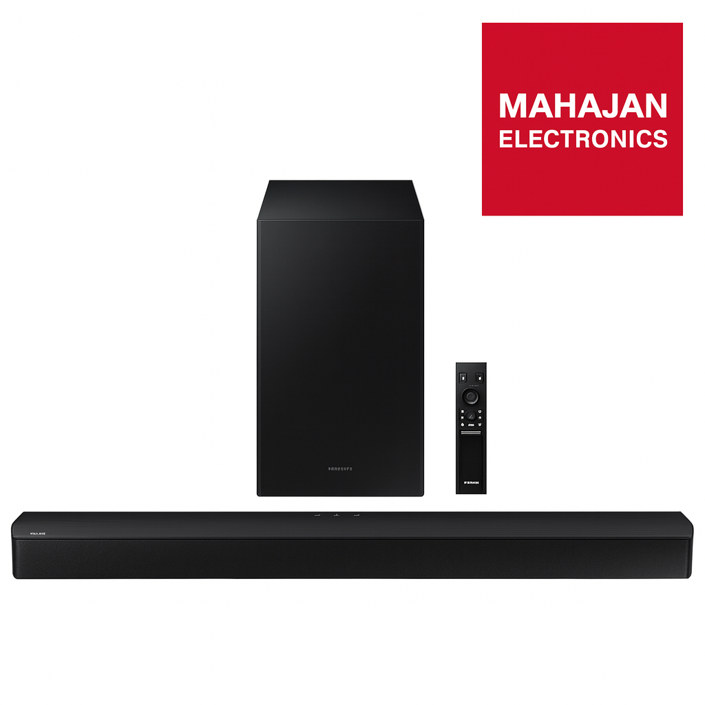 Black soundbar with subwoofer and remote control on a white background, featuring Mahajan Electronics logo.
