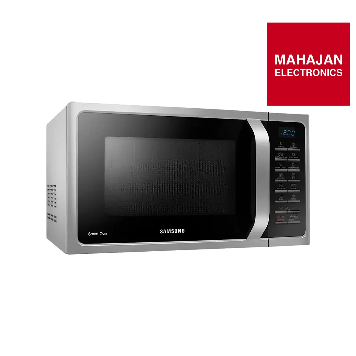 Samsung microwave oven with Mahajan Electronics logo on a white background
