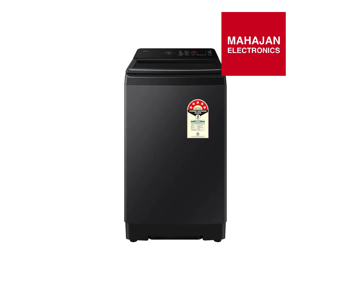 Black washing machine with Mahajan Electronics logo on a white background