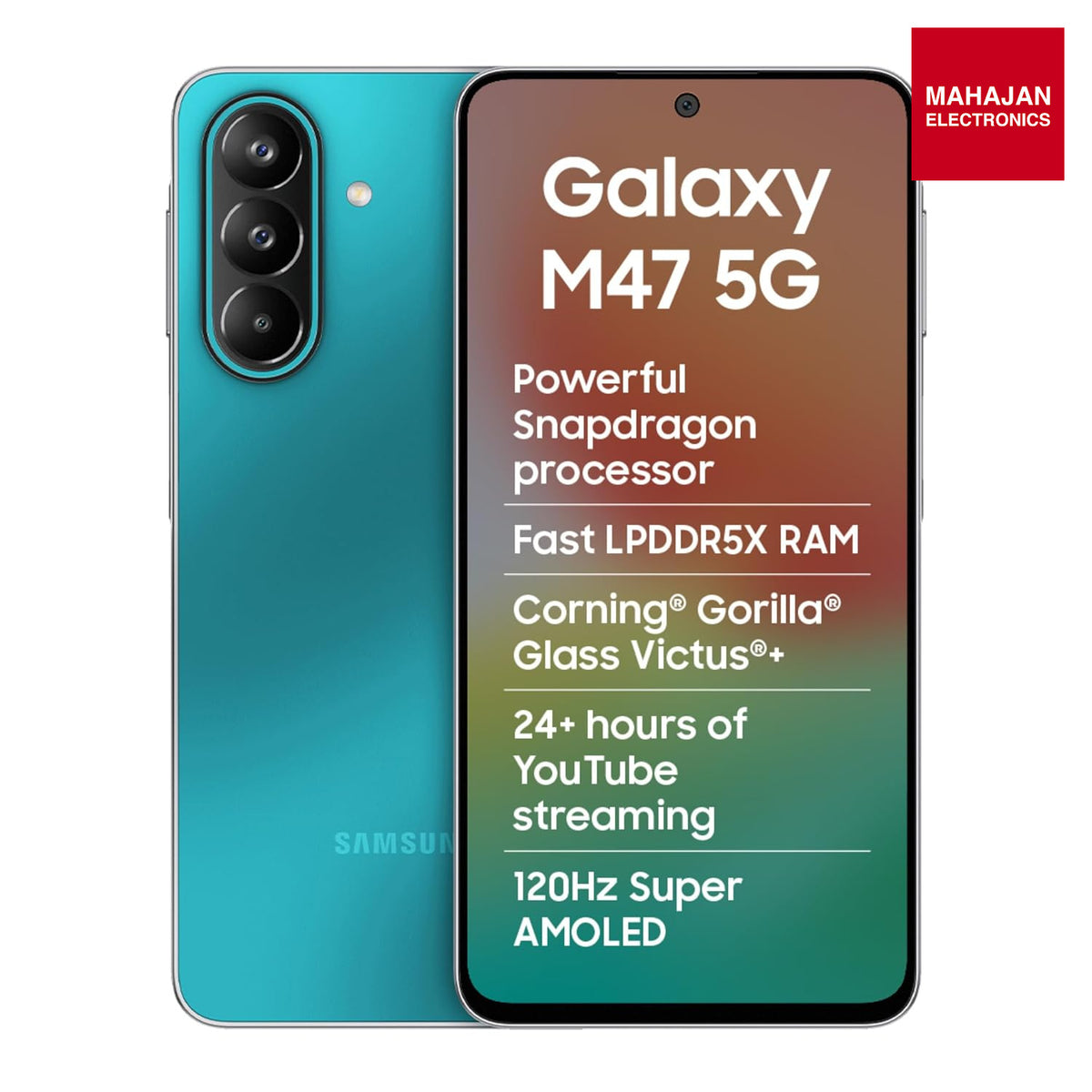 Samsung Galaxy M47 5G (Blaze Blue, 8GB RAM, 128GB Storage)| Powerful Snapdragon Processor| Fast LPDDR5x RAM,UFS 3.1 Storage| Gorilla Glass Victus+| IP64| Super AMOLED Display| 50MP OIS|AI| Gemini Live Samsung – Mahajan Electronics Online.