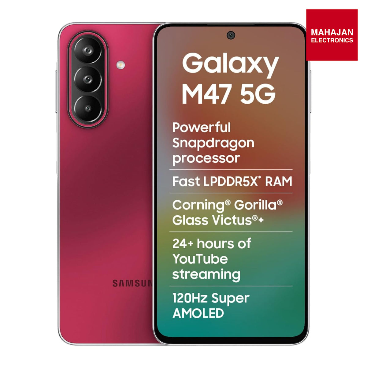 Samsung Galaxy M47 5G (Rogue Red, 6GB RAM, 128GB Storage)| Powerful Snapdragon Processor| Fast LPDDR5x RAM,UFS 3.1 Storage| Gorilla Glass Victus+| IP64| Super AMOLED Display| 50MP OIS| AI| Gemini Live Samsung – Mahajan Electronics Online.