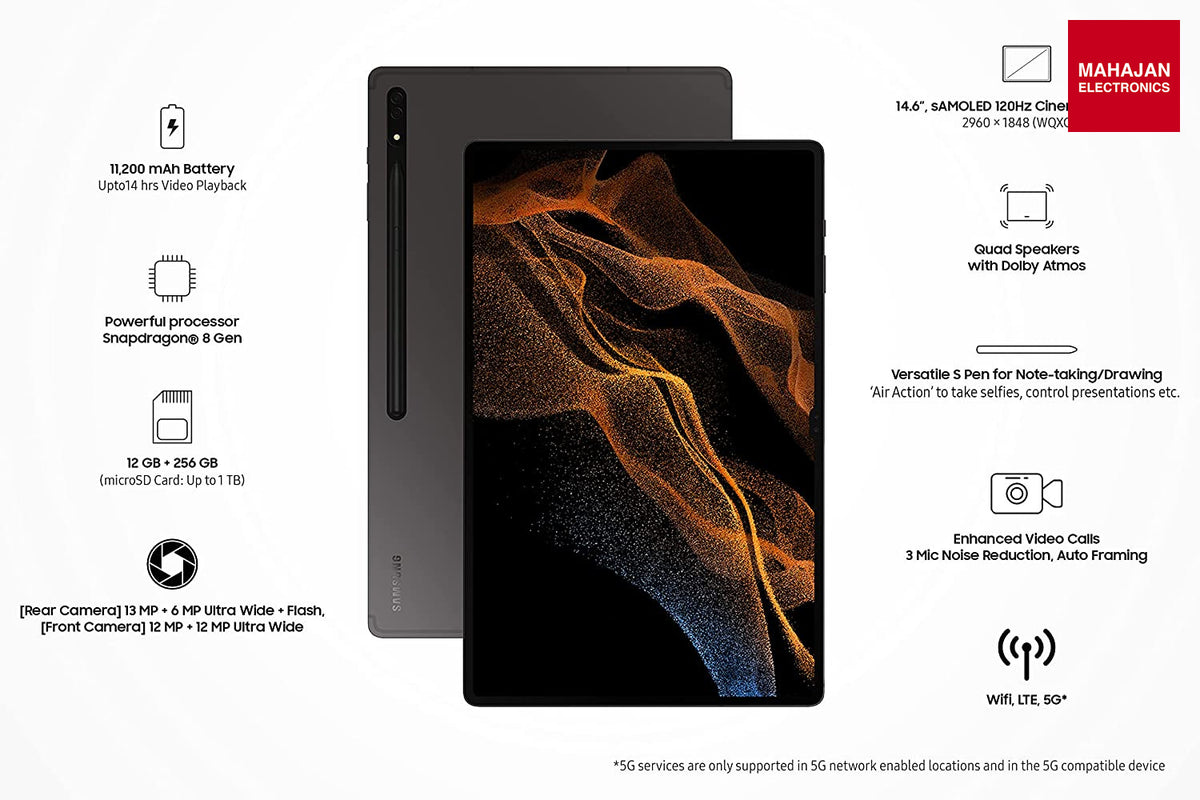 Samsung Galaxy Tab S8 Ultra 37.08 cm (14.6 inch) sAMOLED Display, RAM 12 GB, ROM 256 GB Expandable, S Pen in-Box, Wi-Fi Tablet, Graphite OPEN BOX DEMO Samsung – Mahajan Electronics Online.