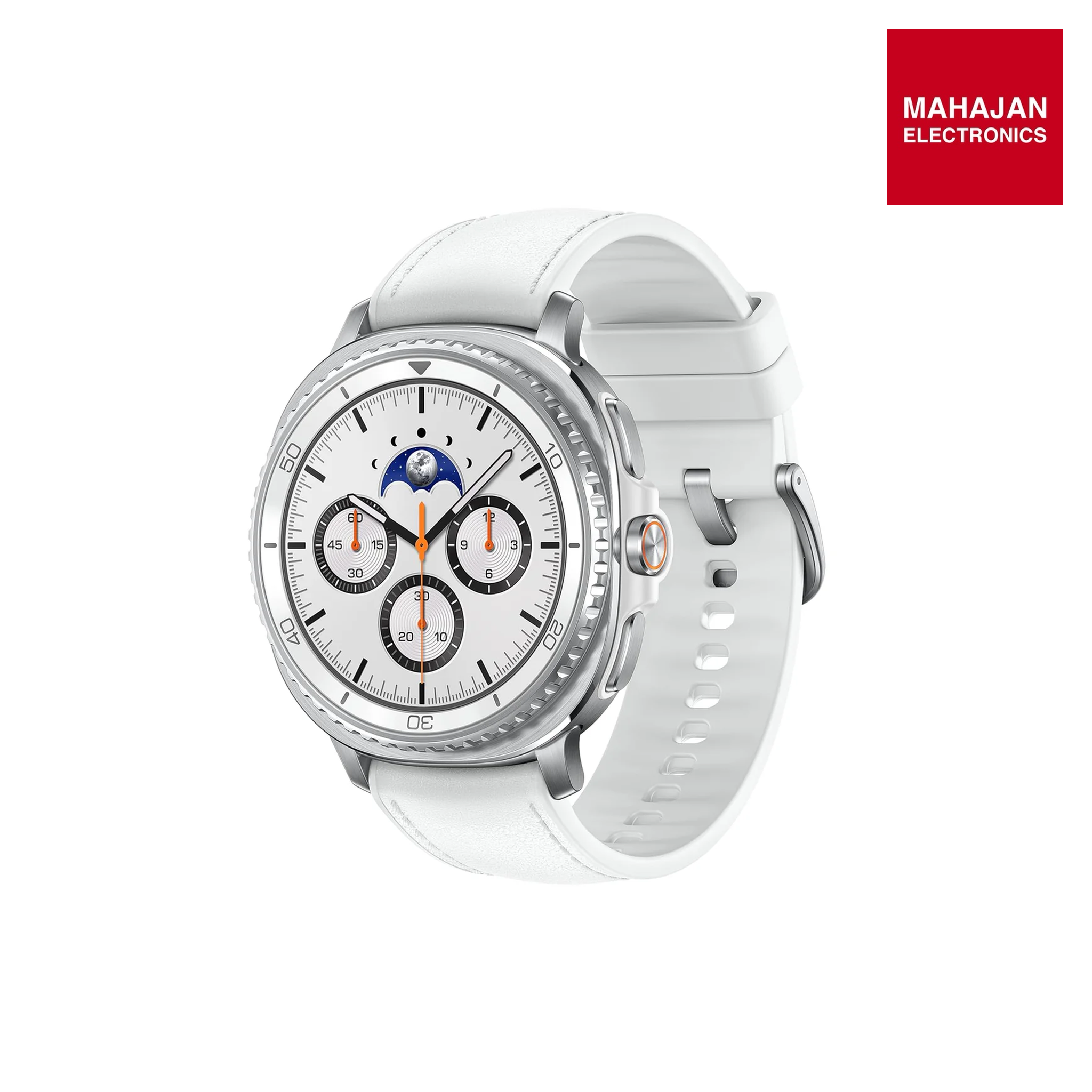 Samsung Galaxy Watch8 Classic (46mm Bluetooth, White) with 3nm Processor | Dual GPS | Sapphire Glass & Stainless Steel | 5ATM & IP68 | BP, ECG, IHRN & Vascular Load Monitoring | Anti-oxidant Index Mahajan Electronics Online