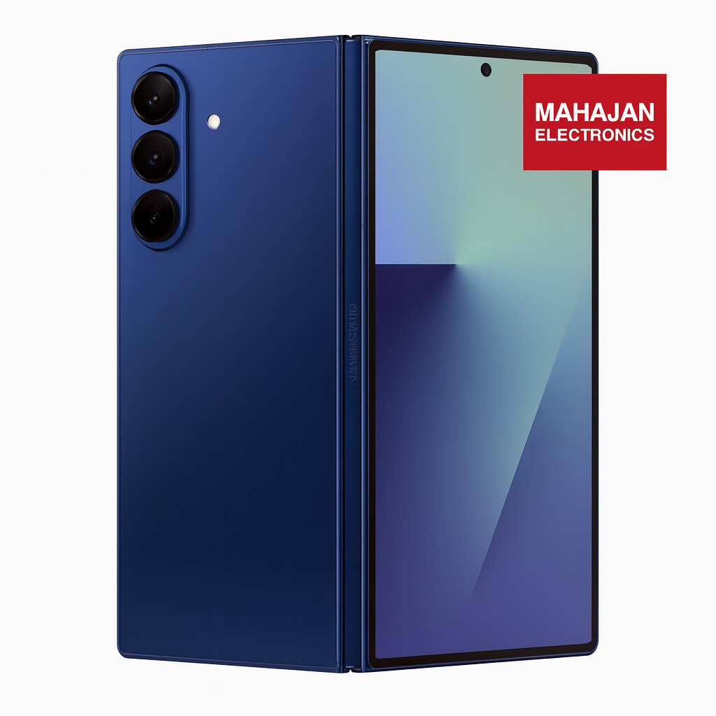 Blue smartphone with a Mahajan Electronics logo on a white background