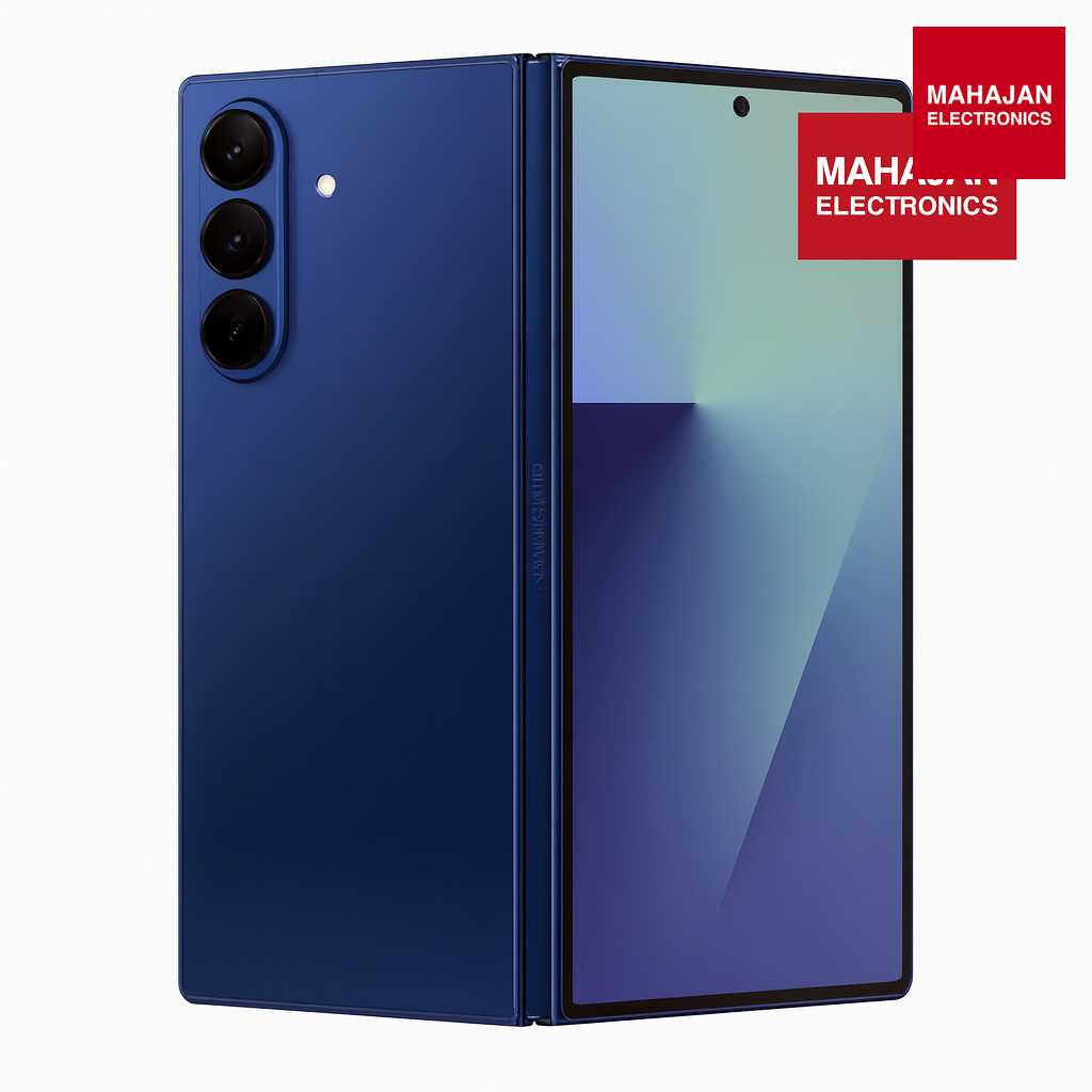 Blue smartphone with a Mahajan Electronics logo on a white background