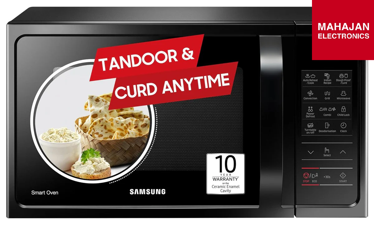 Samsung microwave oven with tandoor and curd anytime feature, brand Mahajan Electronics.