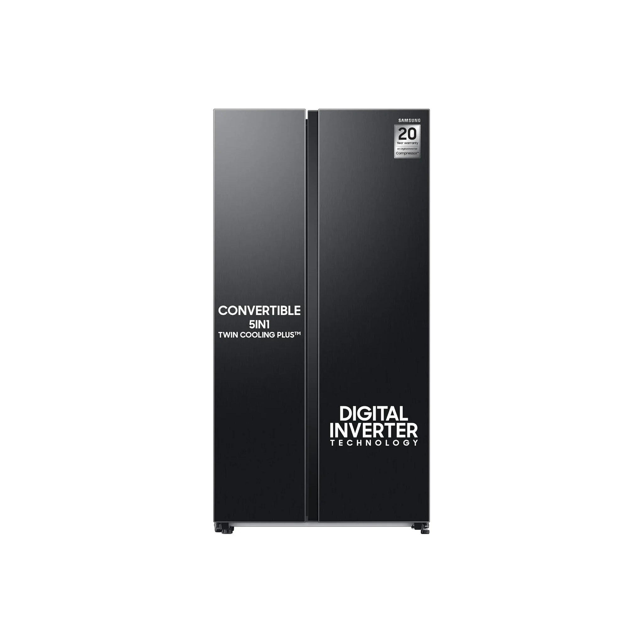 Black refrigerator with text on a white background